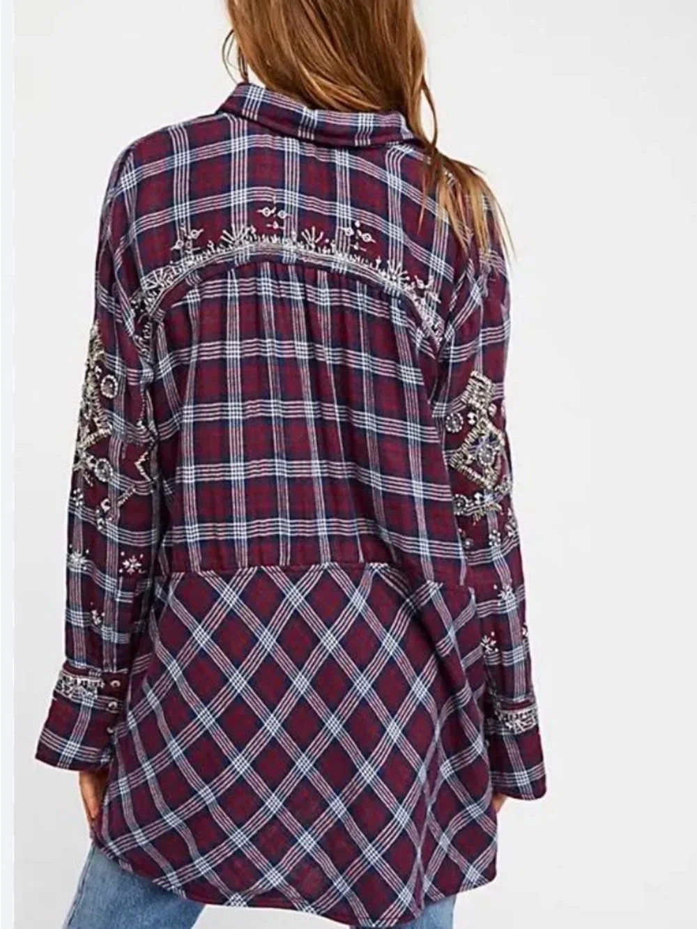 Free People Downtown Romance Red Blue Oversized Embellished Plaid Shirt Size L